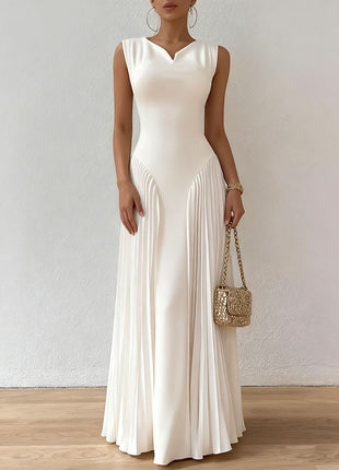 V Neck Sleeveless Pleated Flowy Maxi Dress