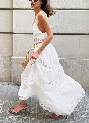 Long Tiered Dress with Lace Paneling