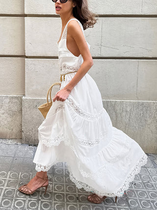 Long Tiered Dress with Lace Paneling