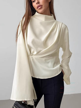 Cream Satin Draped Tie Waist Long Sleeve Blouse Top