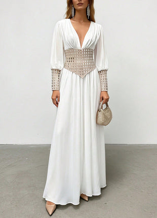 Deep V Mesh Cuff Flowy Maxi Dress With Corset