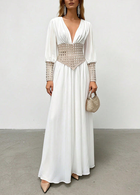 Deep V Mesh Cuff Flowy Maxi Dress With Corset