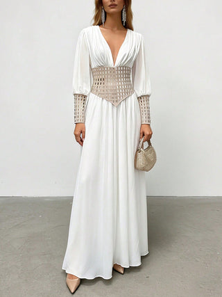 Deep V Mesh Cuff Flowy Maxi Dress With Corset