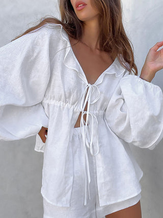 Ruffle Tie Front Top Shorts Two Piece Set