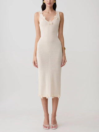 Sleeveless Floral Applique Knit Midi Dress