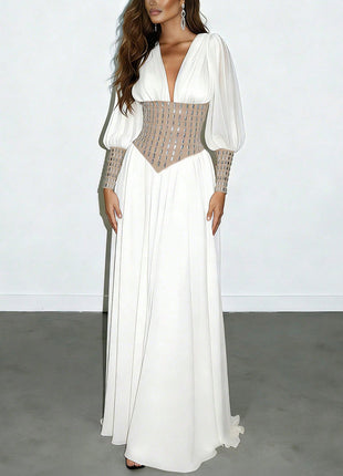 Deep V Mesh Cuff Flowy Maxi Dress With Corset