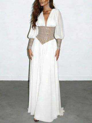 Deep V Mesh Cuff Flowy Maxi Dress With Corset