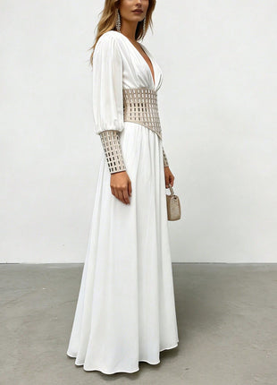 Deep V Mesh Cuff Flowy Maxi Dress With Corset
