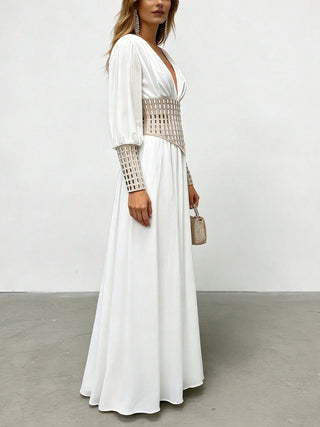 Deep V Mesh Cuff Flowy Maxi Dress With Corset