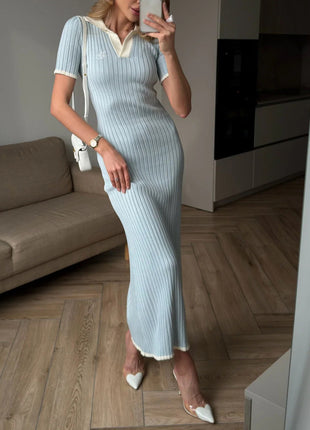 Light Blue Contrast Collar Ribbed Knit Midi Dress
