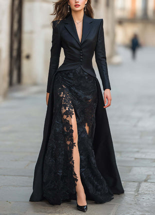 Blazer Top High Slit Lace Maxi Evening Gown Two Piece Set
