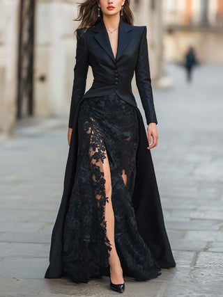 Blazer Top High Slit Lace Maxi Evening Gown Two Piece Set