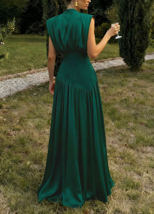 Deep V Satin High Slit Pleated Maxi Dress