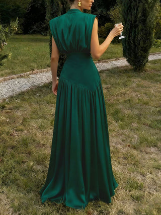 Deep V Satin High Slit Pleated Maxi Dress