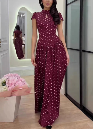 Polka Dot Keyhole Neck Cap Sleeve Maxi Dress