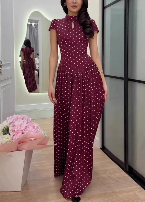 Polka Dot Keyhole Neck Cap Sleeve Maxi Dress