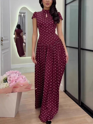 Polka Dot Keyhole Neck Cap Sleeve Maxi Dress