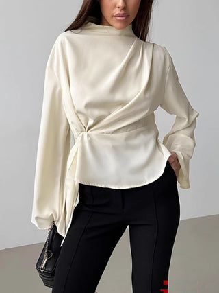 Cream Satin Draped Tie Waist Long Sleeve Blouse Top