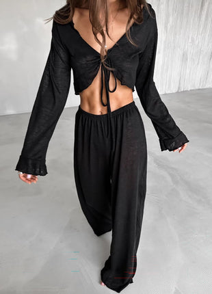 Tie Front Crop Top Wide Leg Pants Two Piece Set