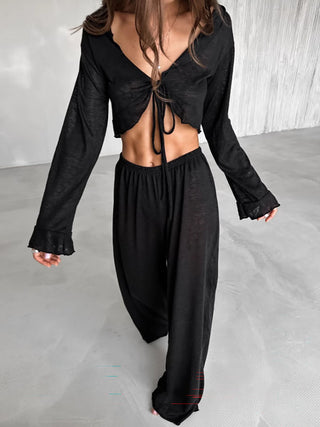 Tie Front Crop Top Wide Leg Pants Two Piece Set