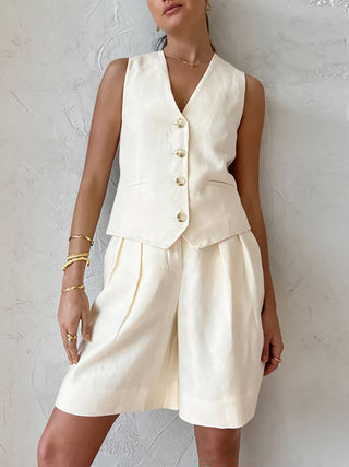 Cotton-Linen Sleeveless Vest & Shorts Set