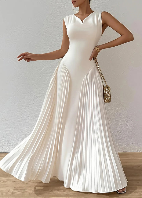 V Neck Sleeveless Pleated Flowy Maxi Dress