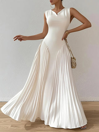 V Neck Sleeveless Pleated Flowy Maxi Dress