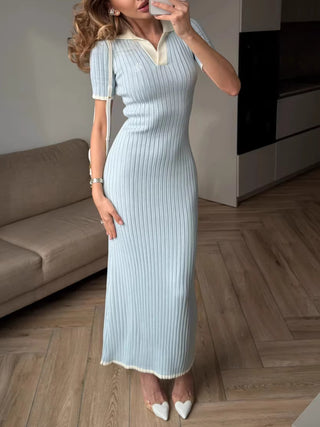 Contrast Collar Ribbed Knit Midi Dress