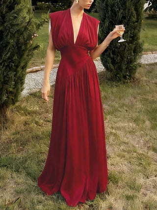 Deep V Satin High Slit Pleated Maxi Dress