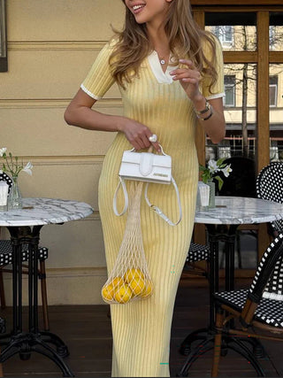 Contrast Collar Ribbed Knit Midi Dress