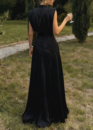 Deep V Satin High Slit Pleated Maxi Dress