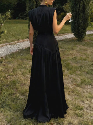Deep V Satin High Slit Pleated Maxi Dress