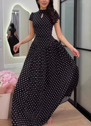Polka Dot Keyhole Neck Cap Sleeve Maxi Dress
