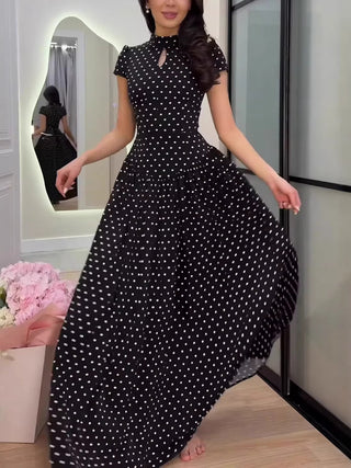 Polka Dot Keyhole Neck Cap Sleeve Maxi Dress
