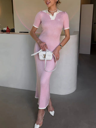Contrast Collar Ribbed Knit Midi Dress