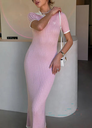 Light Blue Contrast Collar Ribbed Knit Midi Dress