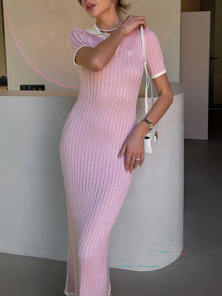 Contrast Collar Ribbed Knit Midi Dress