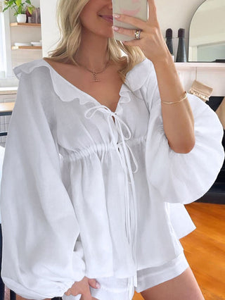 Ruffle Tie Front Top Shorts Two Piece Set