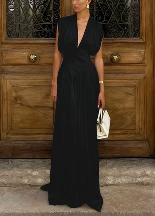Deep V Satin High Slit Pleated Maxi Dress