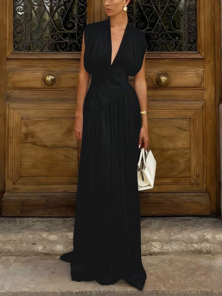 Deep V Satin High Slit Pleated Maxi Dress
