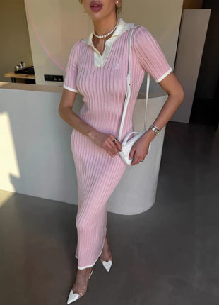 Light Blue Contrast Collar Ribbed Knit Midi Dress