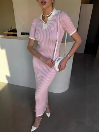 Contrast Collar Ribbed Knit Midi Dress