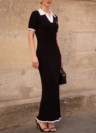 Light Blue Contrast Collar Ribbed Knit Midi Dress