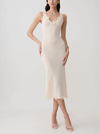 Sleeveless Floral Applique Knit Midi Dress