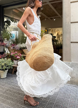 Long Tiered Dress with Lace Paneling