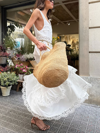Long Tiered Dress with Lace Paneling