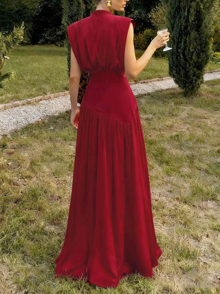 Deep V Satin High Slit Pleated Maxi Dress