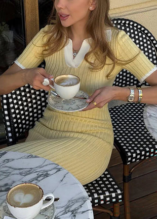 Light Blue Contrast Collar Ribbed Knit Midi Dress
