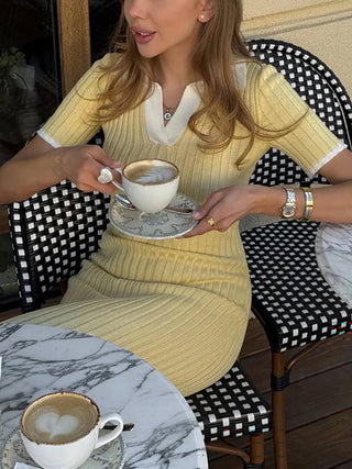 Contrast Collar Ribbed Knit Midi Dress