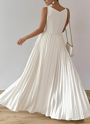 V Neck Sleeveless Pleated Flowy Maxi Dress